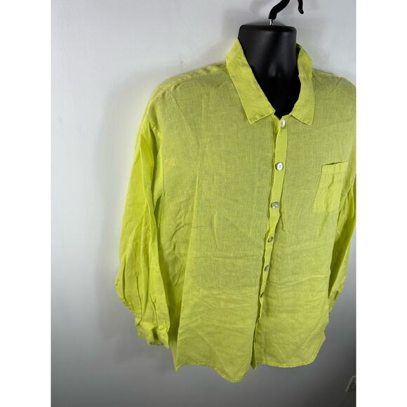 FLAX Linen Button up Longsleeve Women's Large Bright Yellow Pearlescent Buttons - Picture 7 of 11